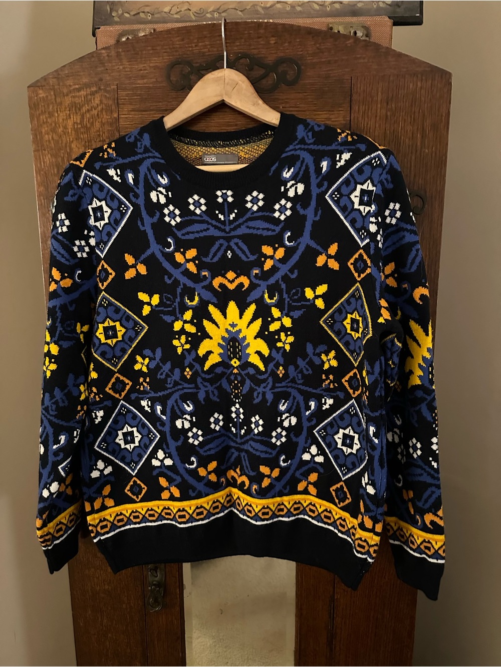 ASOS Jacquard Patterned Crewneck Sweater - Blue & Yellow Size Medium